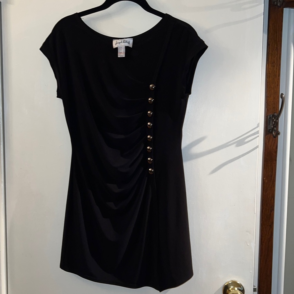 Joseph Ribkoff sz 8 Black capped sleeves pleater ruching bodice, brass buttons